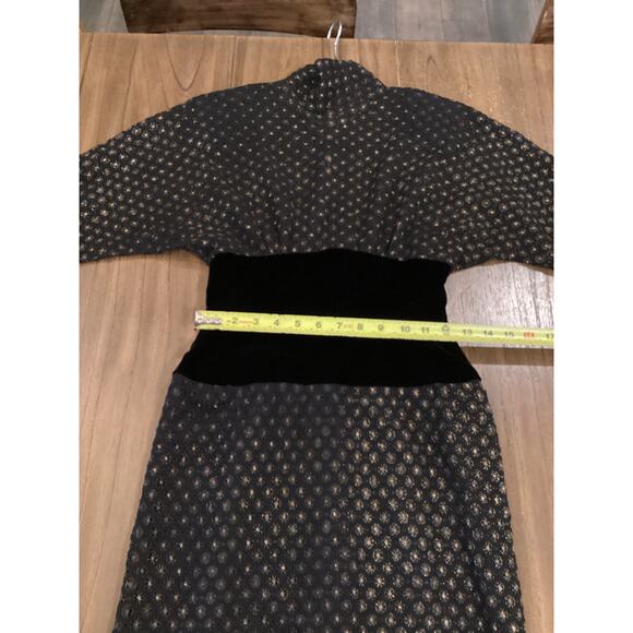 Fernando Sanchez Vintage brocade eyelet Long Sleeve black gold midi retro Dress - Picture 3 of 16